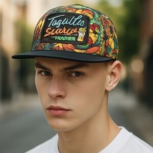 Tequila Sunrise Cancun vibrant colorful snap back mesh 6 panel baseball cap hat